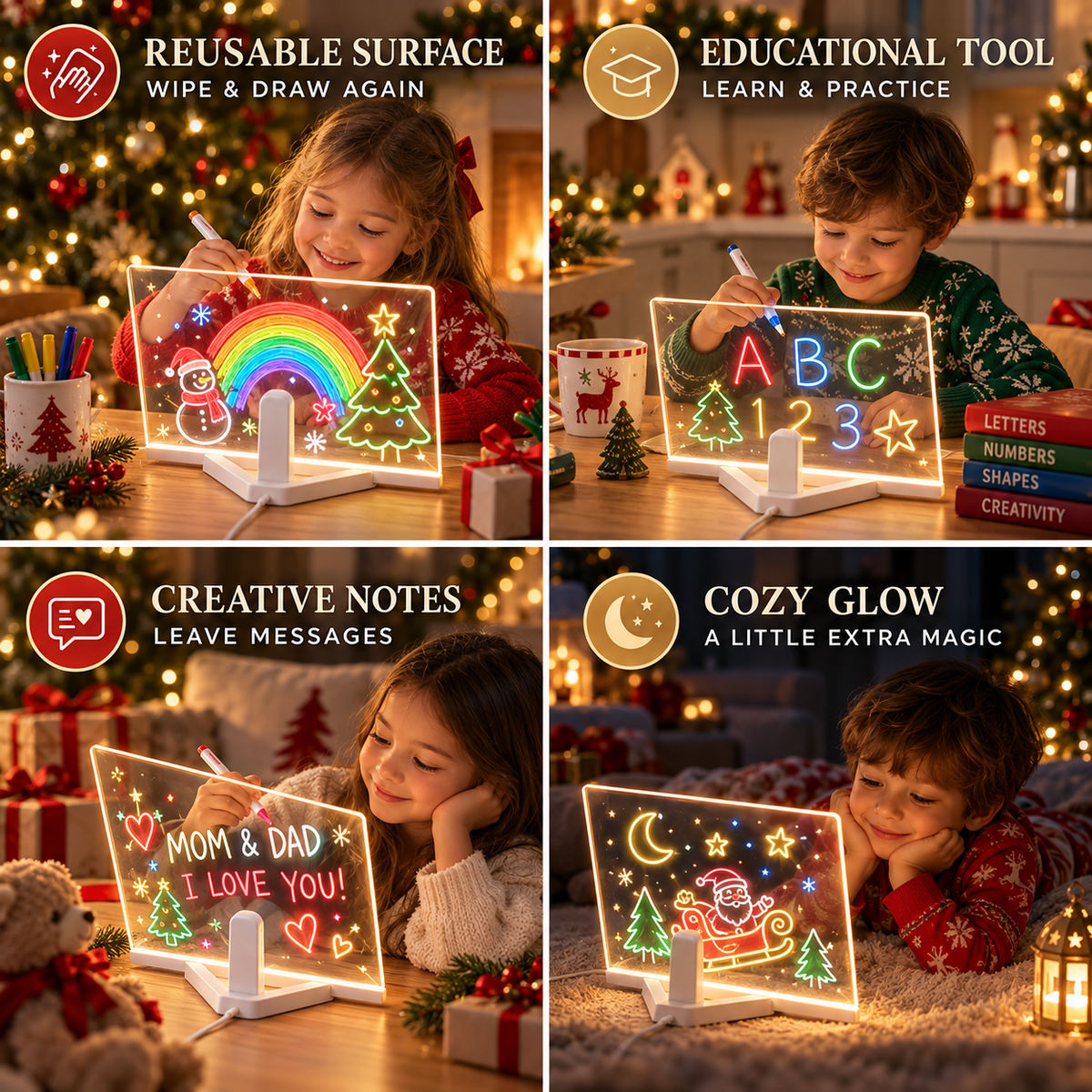 🎄🎁 Christmas Gift for Kids 🎅✨ | LED Writing Drawing Board for Kids 🌈🖍️ | Reusable Light-Up Surface for Creative Notes, Art and Learning 🎨💖