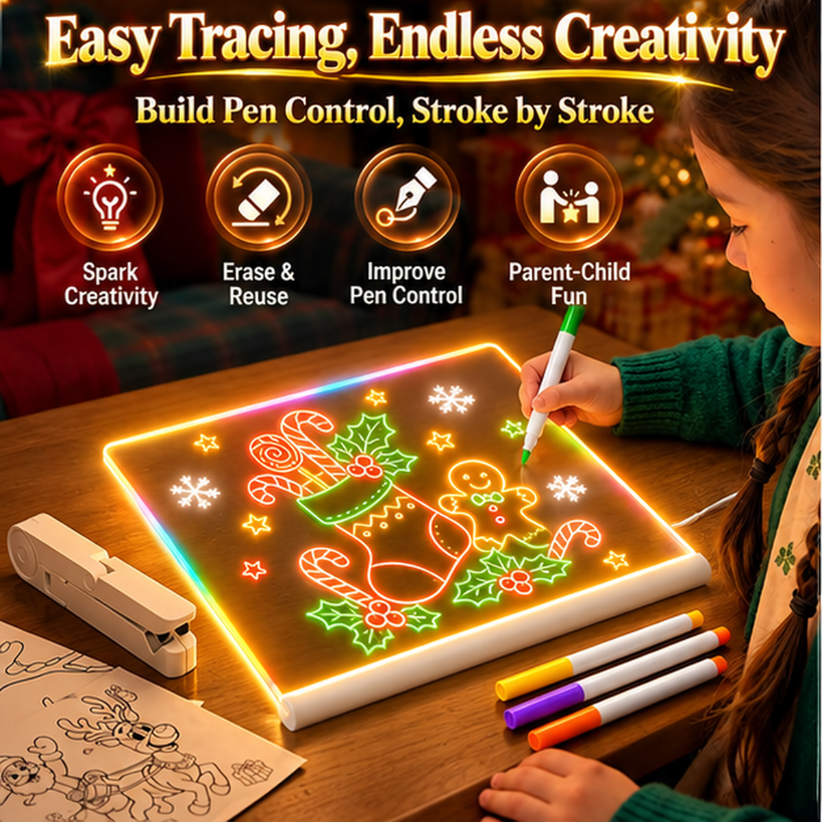 🎄🎁 Christmas Gift for Kids 🎅✨ | LED Writing Drawing Board for Kids 🌈🖍️ | Reusable Light-Up Surface for Creative Notes, Art and Learning 🎨💖