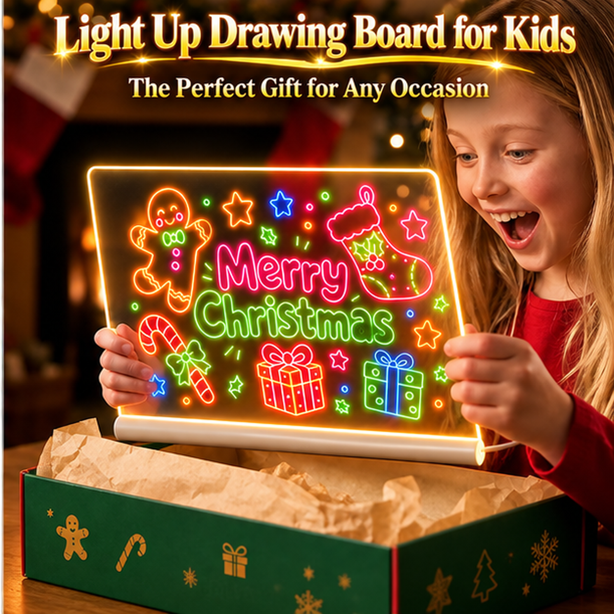 🎄🎁 Christmas Gift for Kids 🎅✨ | LED Writing Drawing Board for Kids 🌈🖍️ | Reusable Light-Up Surface for Creative Notes, Art and Learning 🎨💖